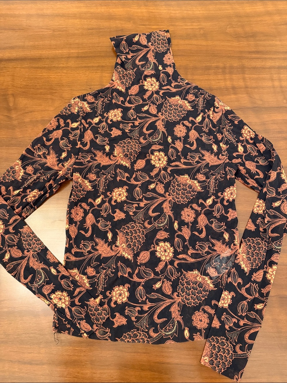 Banana Republic Black Turtleneck Sheer shirt with Rust Floral Print